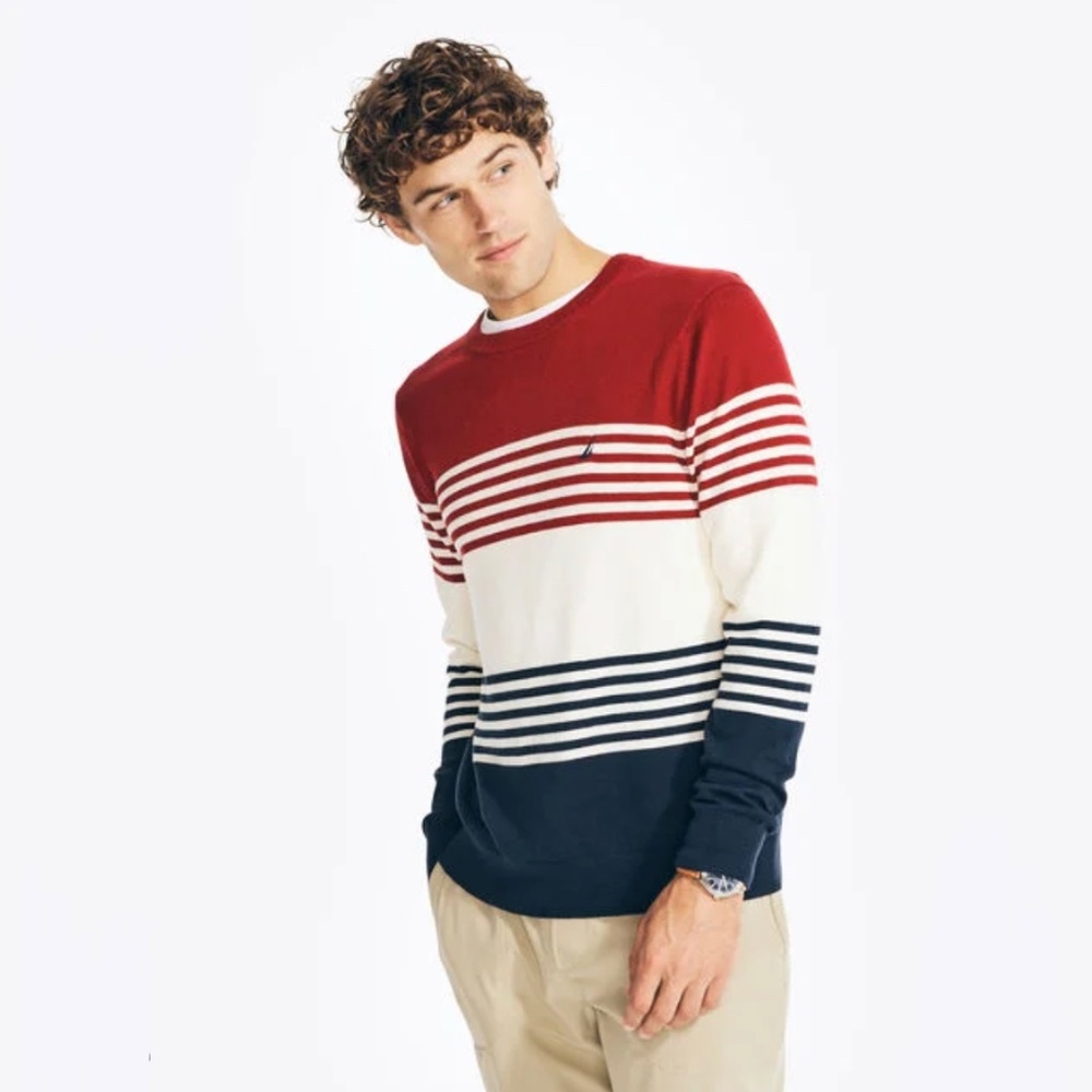Nautica Men Navtech Striped Crewneck Sweater Classic Knit Red Navy Blue White